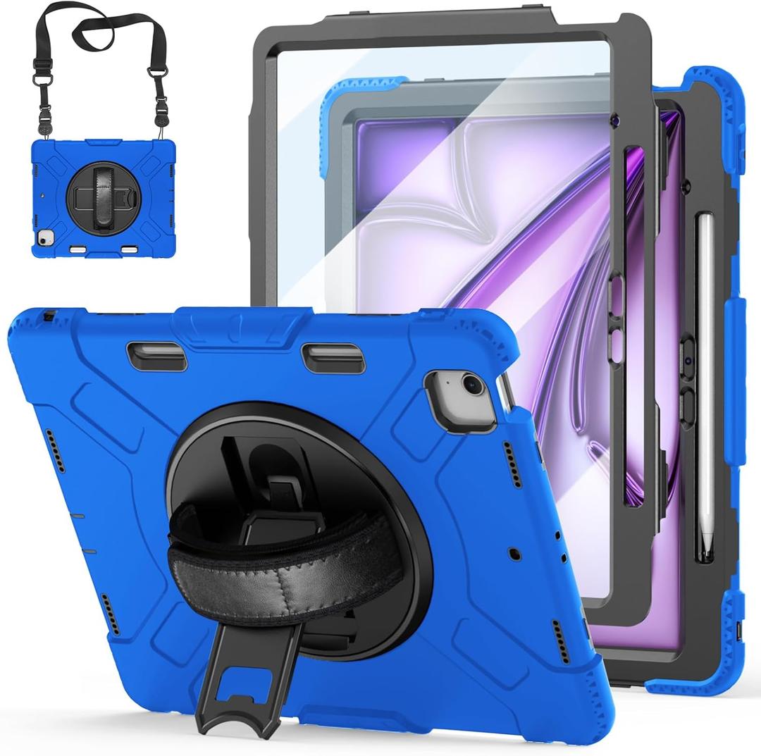 Case for iPad Air 13 Inch M4/M3/M2 (2026/2025/2024): Silicone Shockproof Case with Screen Protector - Stand - Handle - Shoulder Strap - Pen Holder- Blue