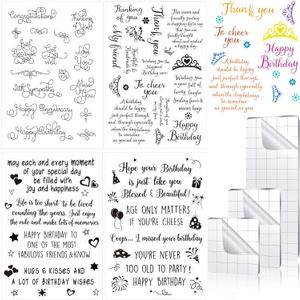Pajean 4 Sheets Sentiments Rubber Clear Stamps Set for Birthday Card Making and 3 Pcs Acrylic Stamp Block Tools with Grid Lines Happy Birthday, Books Stamps Craft Supplies for DIY Scrapbooking