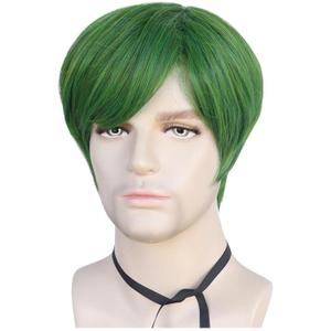 Men's Green Wig Short Straight Green Boys Anime Wig Heat Resistant Synthetic Hair for Halloween Cosplay