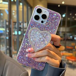 Bling Case for iPhone 15 Pro Max Cover, Women Girl Cute Glitter Shockproof Protective Phone Case with Sparkle Love Ring Stand Holder Kickstand (Purple)