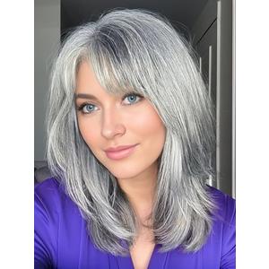 TISHINING Grey Wigs for White Women Medium Length Layered Silver Gray Wavy Wig with Bangs Natural Looking Heat Synthetic Side Part Salt and Pepper Wigs for Women