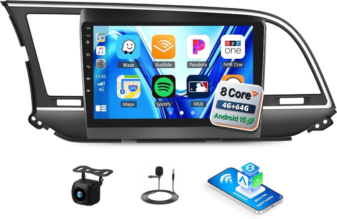 [8 Core 4+64GB] Qualcomm Android 15 Car Stereo for Hyundai Elantra 2016 2017 2018 with CarPlay Android Auto,9" Car Radio with Bluetooth5.1 GPS WiFi FM/RDS DSP EQ SWC Backup Camera