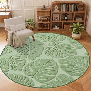 Arenarug Sage Green Monstera 6x6 Round Area Rugs High-Low Plush Pile
Soft Washable Non Slip Tropical Indoor Shag Carpet Rug for Living Room Dining Room Nursery Bedroom