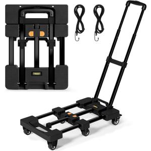 Folding Hand Truck, Dolly Cart with 6 Wheels (2 with Brake) & 2 Elastic Straps, 500 LB Heavy-Duty Trolly Cart for Moving, Luggage, Car Seat, Garden Plant, Camping,26" Max Extendable Plate,Black