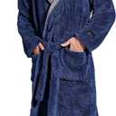 SlumberMee Mens Fleece Plush Robe with Hood Ultra Soft Fluffy Full Length Long with Pockets Luxurious House Coat (Shu Velveteen - Navy Blue) XL