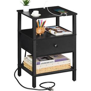 Lerliuo Nightstand with Charging Station and USB Ports, 3-Tier Storage End Table with Drawer Shelf, Night Stand for Small Spaces, Wood Bed Side Table for Living Room, Bedroom - Classic Black (set 1)