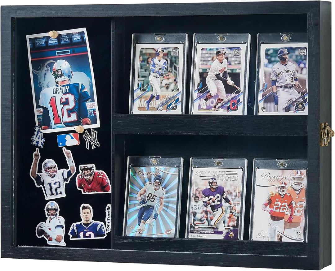 Card Display Cases, Graded Sports Card Display Case - 6 Card Holder with UV Protection - Pin Display Frame - Wall or Countertop Display for Baseball Basketball Football Trading Cards (Black)