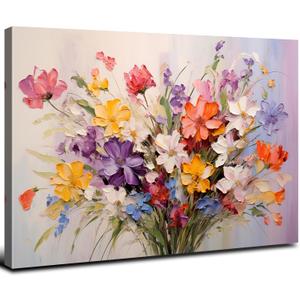Colorful Flower Canvas Wall Art Yellow Orange Purple Wildflower Painting Prinrts for Teen Girls Room Decor Botanical Picture Floral Poster Modern Framed Artwork Bathroom Bedoom Home Decoration 12"x16"