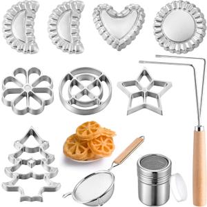 11 Pcs Rosette Iron, Bunuelos Mold with Handle Cooking Stamp Maker Kit, Rosette Cookie Double Iron with Sugar Duster and Christmas Tree Shape Mold Baking Set Gifts for Women, Mom, Chefs