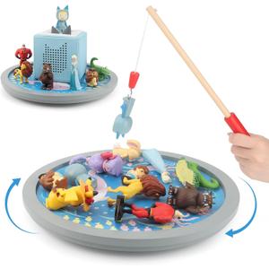 360 Round Turntable for Tonies Figures Storage, Fun Fishing Game with Magnetic Hook to Catch for Tonies Characters, Ocean Theme Wooden Organizer Storage Shelf Display for Toniebox 1/2