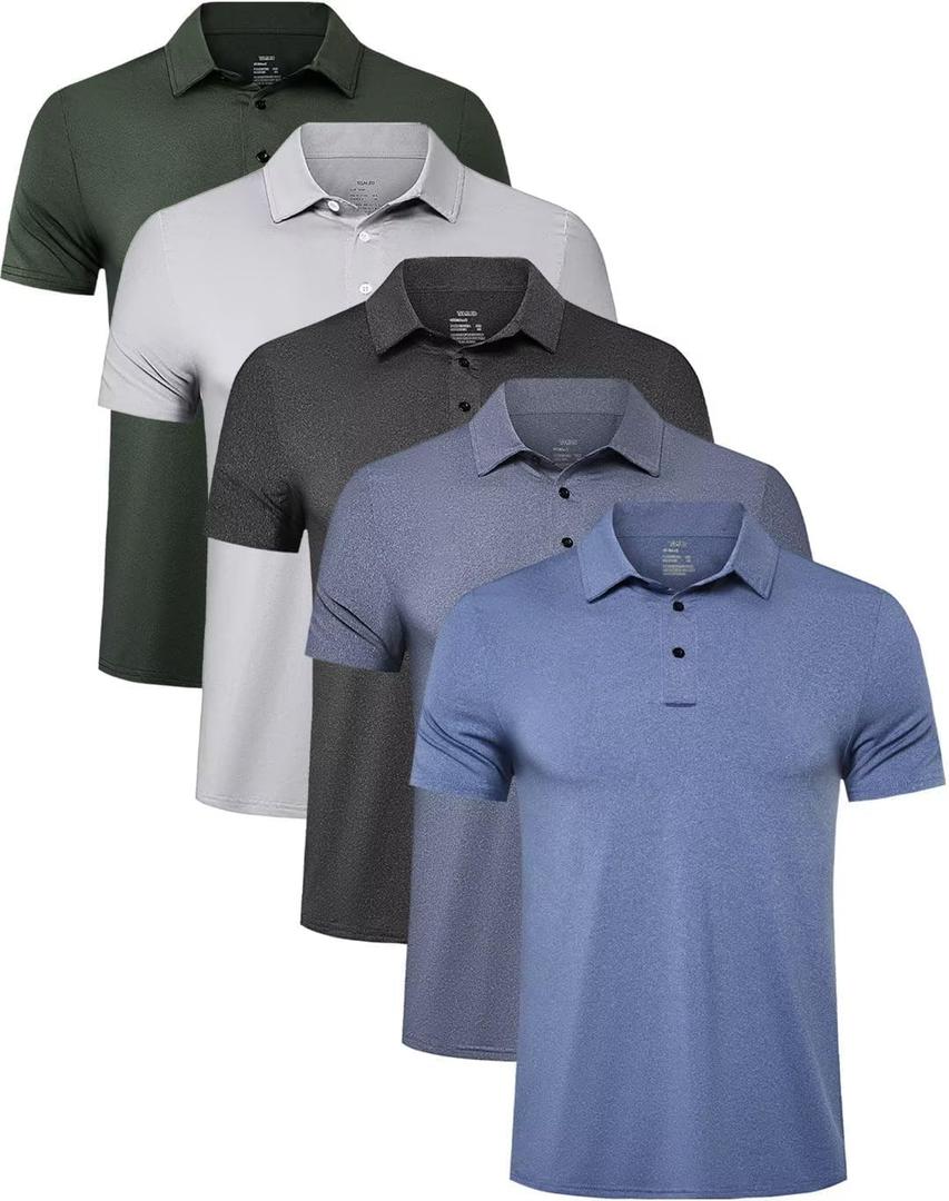 TELALEO 4/5 Pack Mens Polo Shirts Quick Dry Short Sleeve Golf T Shirt Performance Moisture Wicking Casual Workout (Medium, Black/Light Grey/Green/Light Blue/Blue(5 Pack))