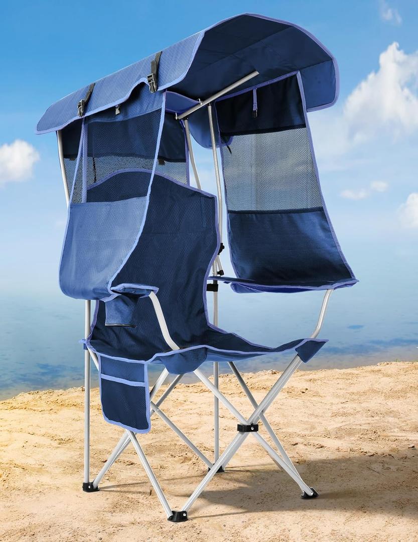 Beach Chair with Canopy Shade, Folding Camping Chair with Canopy with Cup Holder, Side Pocket for Camp, Beach, Tailgates, Fishing - Support 330 LBS (Navy Blue)