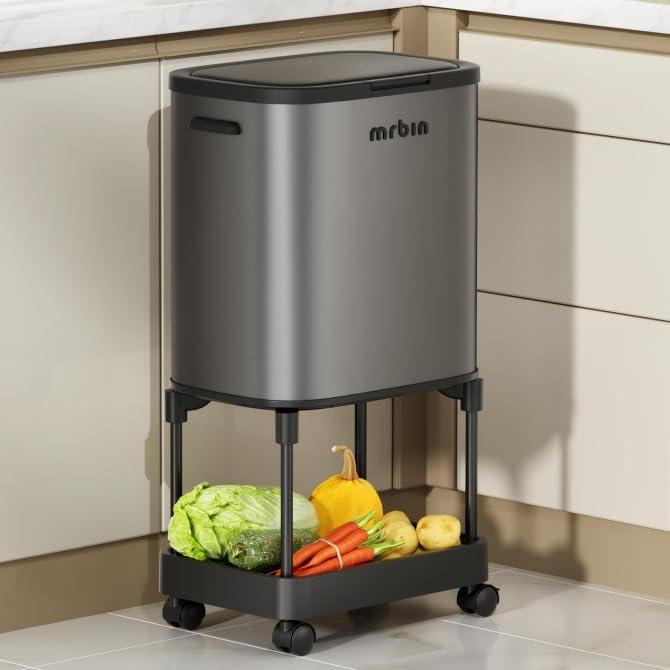 MRBIN Stainless Steel Tall Kitchen Trash Can with Shelf and Wheels, High Legs 36L / 9.5gal Press Top Narrow Waste Basket, Slim Lidded Litter Garbage Bin Pet Proof for Vanity, Bedroom, Eclipse Grey