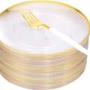 supernal 96pcs Gold Plastic Dessert Plates-White and Gold Plastic Forks,Disposable Appetizer Small Cake Plates 7.5" Clear and Gold Color Perfect for Party,Wedding,Birthday
