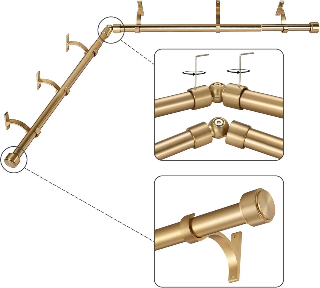 Warm Gold Corner Window Curtain Rods with Aluminum End Cap Finials and Brackets,1 Inch Diameter Bay Window Curtain Rods,2 Sided 32-86 Inch Adjustable Drapery Rod