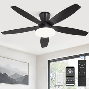 ZMISHIBO 48 inch Ceiling Fans with Lights and Remote/APP Control,Black Low Profile Ceiling Fan with Light,Quiet DC Motor,LED Dimmable, Modern Flush Mount Ceiling Fan for Bedroom Indoor/Outdoor Patio