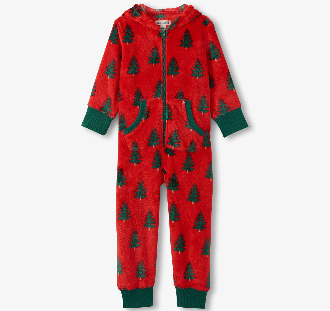 Kids Trees On Red Hooded Fleece Jumpsuit, Size 12