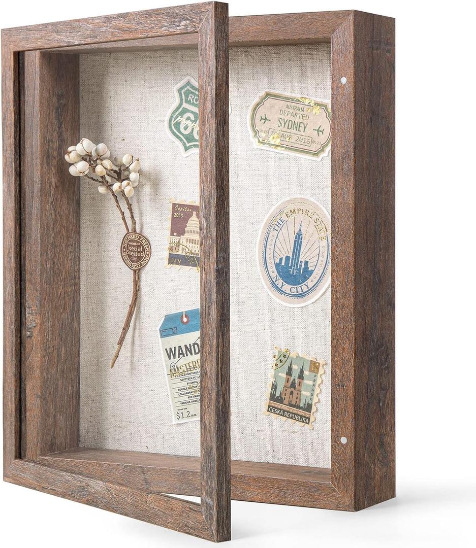 Califortree 8x10 Shadow Box Frame with Linen Back - Sturdy Memory Display Case of Flower, Pictures, Medals and More, Rustic Brown