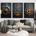 Boat Anchor Compass With Rope Wall Art Canvas Print | Beach House Wall Art 3 Panel Floating Frame 16x23