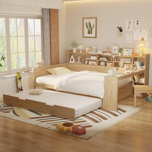 Bellemave Full Corner Bed Frame, Full Size Corner Bed with Storage Shelves and Desk, Wood Full Size Daybed with Bookcase and TrundleFull Daybed with Storage, Natural