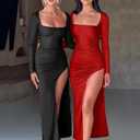 LAGSHIAN Women's Sexy Bodycon Cocktail Square Neck Long Sleeve High Split Ruched Midi Party Dress (Black)