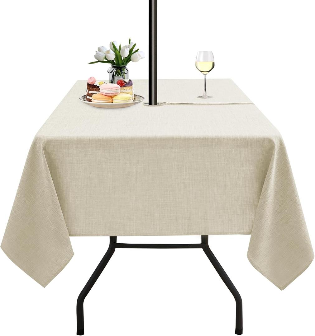 LUSHVIDA Outdoor Tablecloth with Umbrella Hole - Patio Table Cloth Zippered Square 60x60 Inch, Beige Linen-Look Polyester Table Cover Water Resistant for Picnic Outside