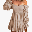 Dokotoo Women's 2025 Spring Summer Dresses, Elegant Off The Shoulder V Neck Long Sleeve Ruffle Flowy Mini Short Skater Dresses