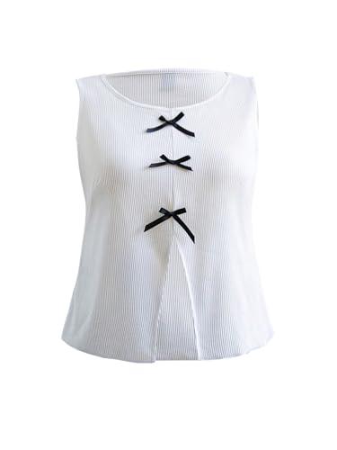 MakeMeChic Women's Plus Size Bow Decor Crew Neck Sleeveless Tank Top Split Hem Crop Tops White 3X-Large Plus