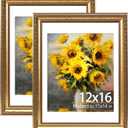 JCJMY 12x16 Vintage Picture Frame with 11x14 Mat Set of 2, Elegant Retro 12 by 16 Photo Frame with Shatter-Resistant Plexiglass for Wall Hanging, Gallery Decor & Gift, Gold, 2 Pack