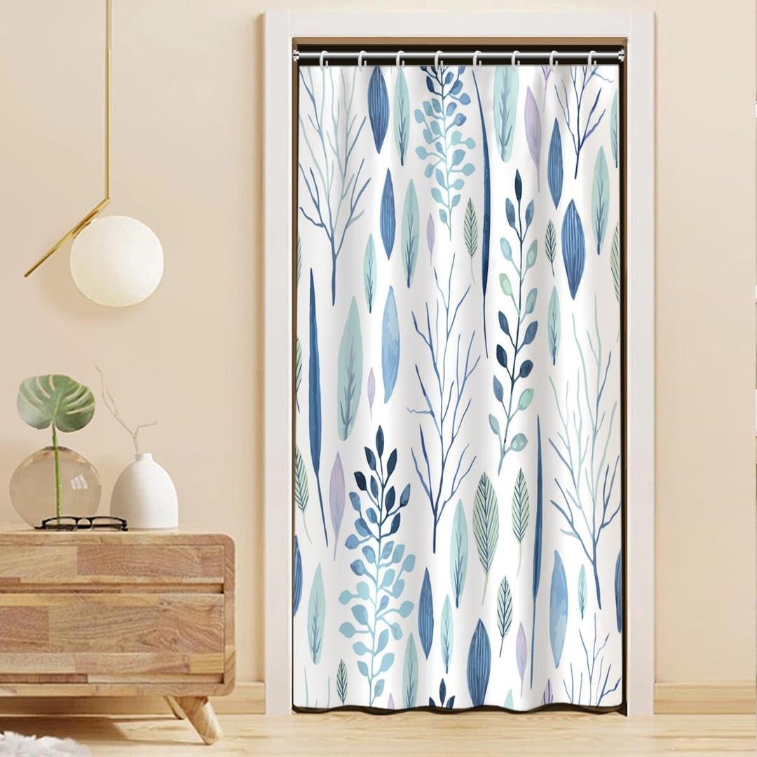 Blue Leaves Shower Curtain Set with Hooks Farmhouse Botanical Plants Shower Curtain for Bathroom Blue Leaves Branches Waterproof Fabric Decor 48x72inches