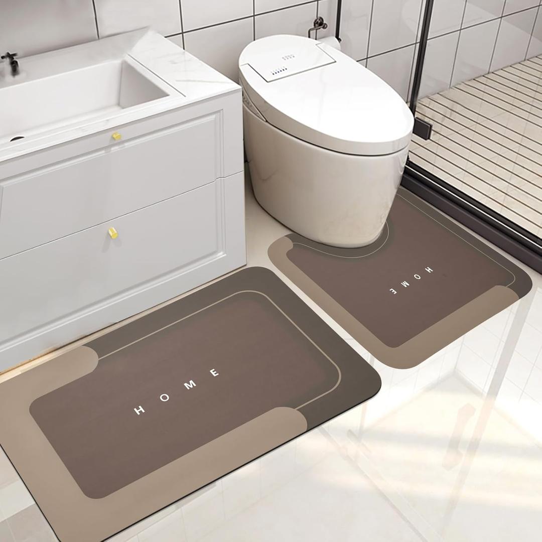 2PCS Absorbent Bath Mat Magic Rug Sets, Quick Drying Bath Mat Non-Slip Floor Rug Rubber Backed for Bathroom Kitchen Shower Sink, Water Absorbent (19.7''x23.6''+19.7''x31.9'', Brown)