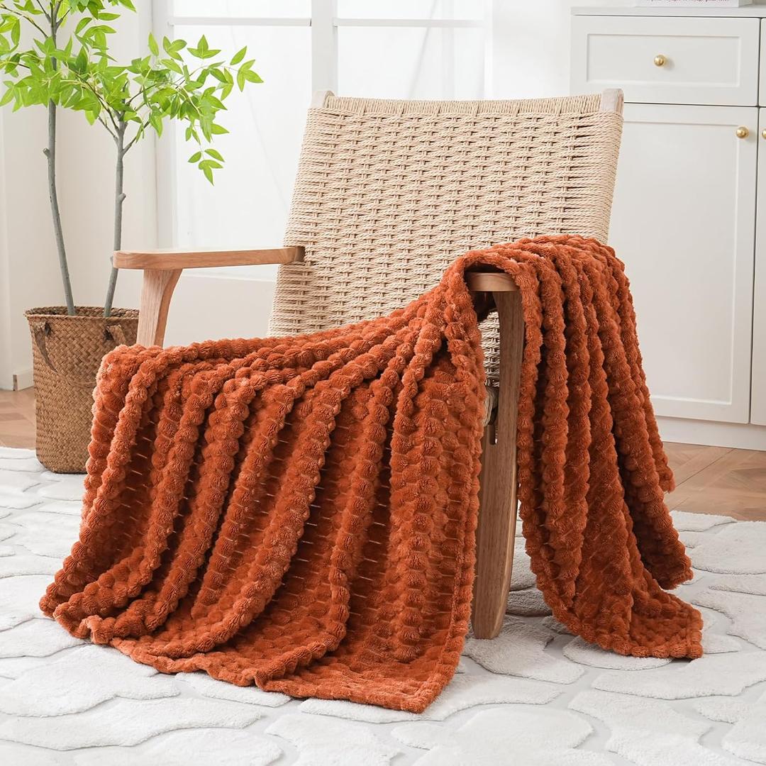 Puncuntex Burnt Orange Throw Blanket 50"60" inches Fuzzy 3D Jacquard Decorative Flannel Fleece Super Soft Plush Cozy Blanket for Couch Sofa Chair Lightweight