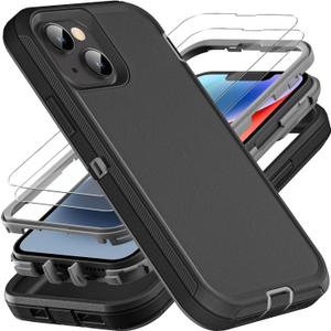 iPhone 13/14 Military Grade Case, 3 in 1 Heavy Duty Shockproof/Drop Proof/Dust Proof With 2Pcs Tempered Glass Screen Protector (Black/Grey)