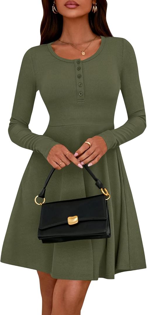 BTFBM Casual Fall Dresses for Women 2025 Long Sleeve Ribbed Button Down Empire Waist A Line Winter Wedding Guest Dress (Green, M)