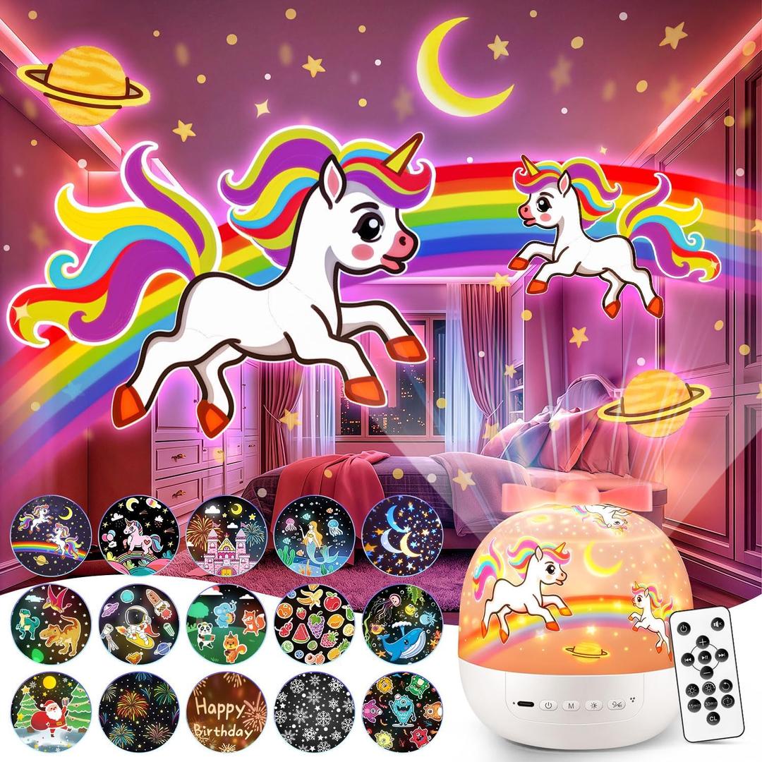 Pikoy Unicorn Toys for Girls Gifts, 15 Films+15 Lullaby Sound Machine for Kids Night Light Projector, Remote+Rechargeable Night Light for Kids Gifts, 360 Rotation Princess Mermaid Toddler Girl Toys