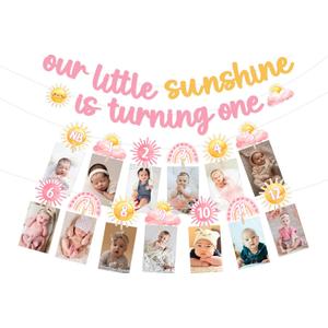 Our Little Sunshine Is Turning One Banner with 1st Birthday Photo Banner for Baby Newborn to 12 Months, Pink Yellow Sunshine 1st Birthday Decorations for Girls