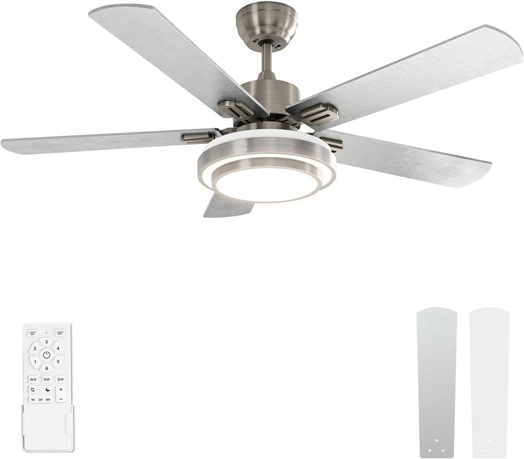 warmiplanet Ceiling Fan with Lights Remote Control, 52 Inch, Brushed Nickel (5-Blades) (silver)