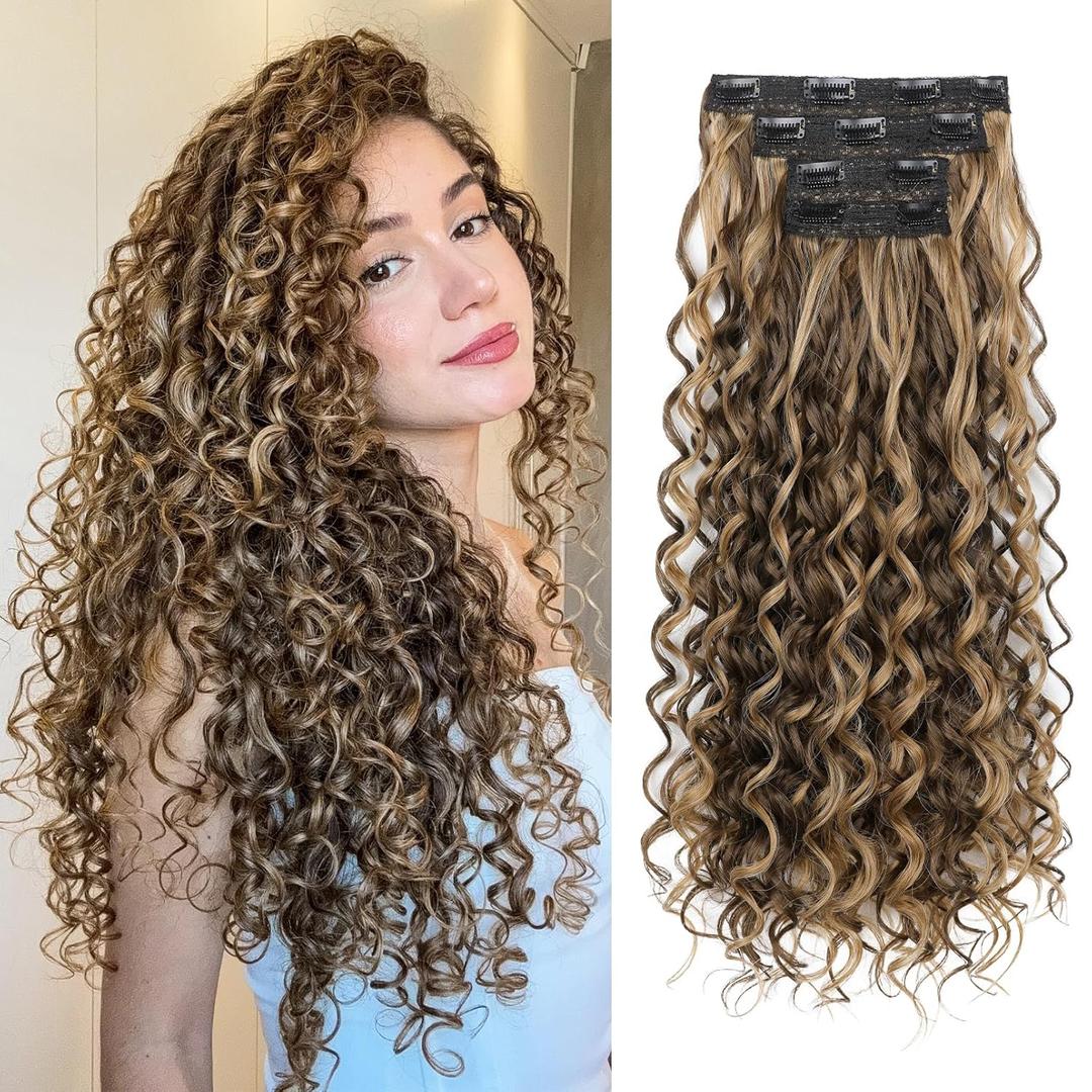 REECHO Curly Clip in Hair Extensions, 4PCS 24 inch Long Hair Extensions Clip ins Lace Weft Natural Hairpieces for Women Daily, Chocolate Brown with Highlights