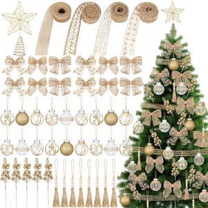 70 Pcs Rustic Burlap Christmas Tree Decorations Set Farmhouse Boho Xmas Ball Ornaments Champagne Star Topper Beige Bow Ribbon Tassel Berries Stems Boho Christmas Decor for Xmas Tree