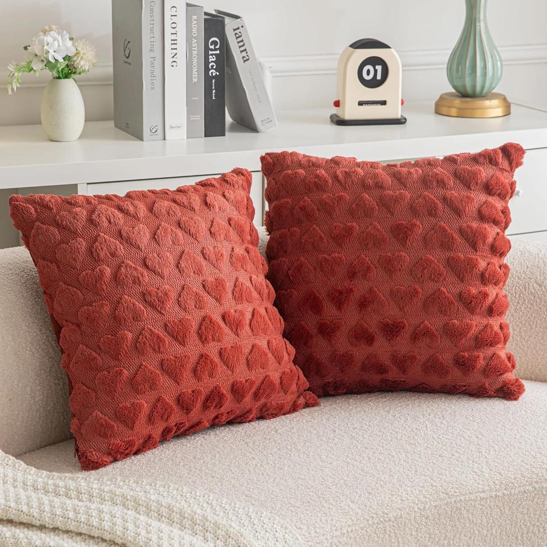 AQOTHES Set of 2 Heart Love Cute Wine Red Decorative Valentines Throw Pillow Covers 18x18, Soft Plush Faux Fur Pillow Covers for Couch Sofa Home Valentines Day Decoration