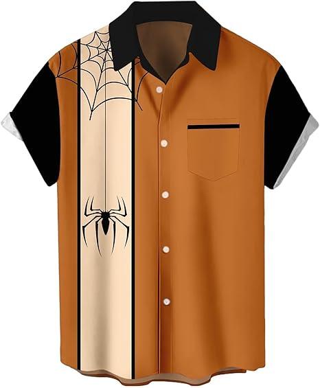 WHO IN SHOP Men's Halloween Shirts Cute Scary Horror Short Sleeve Button Up Shirt (X-Large)