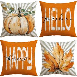 Artscope Fall Decorative Throw Pillow Covers 20x20 Inch Set of 4, Hello Happy Autumn Pumpkin Striped Maple Leaves Harvest Outdoor Farmhouse Pillow Cases for Home Sofa Couch-Orange D