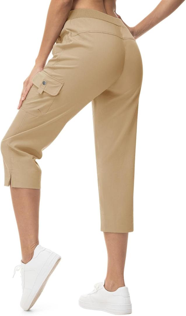 TBMPOY Women's Capri Pants Lightweight Quick Dry Hiking Cargo Pockets Casual Water Resistant Travel Cropped Cotton (Large, Khaki)