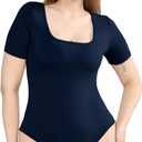 POSESHE Women's Plus Size Short Sleeve Square Neck Tank Top Bodysuit, (Blue, XXL)