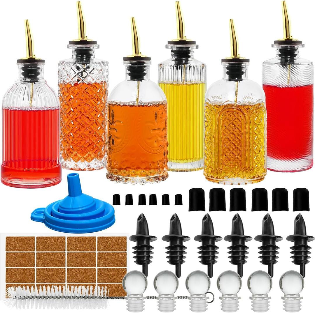 Coffee Syrup Dispenser Simple Small Glass Bottle 6 Pcs for Coffee Bar Accessories with Dust Lids Pour Spout, Stopper, Cleaning Brush. Vanilla, Caramel, Syrup, Honey, Olive Oil,Condiments Dispenser