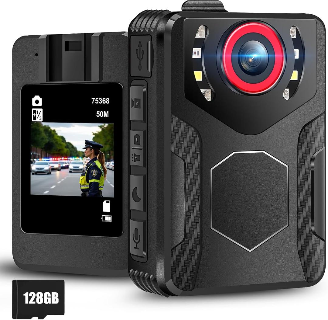 Body Camera with Audio and Video Recording: 1080P FHD Body Cam with Night Vision, 10HR Battery, 2.0" Screen, 128GB Wearable Camera, Bodycam for Traveling, Law Enforcement, Outdoors Activities