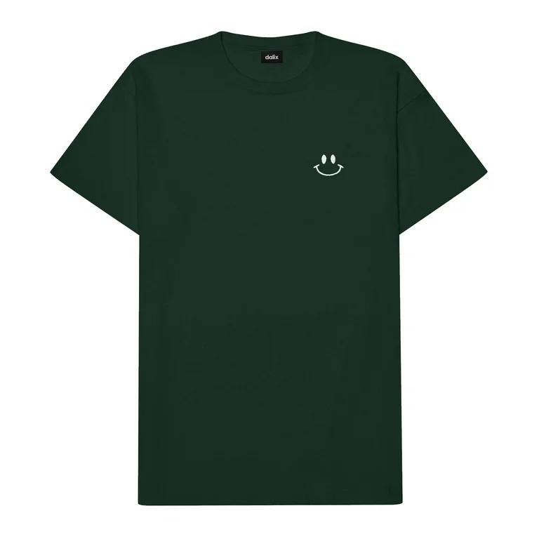 Dalix Smile Face Embroidered Cotton Relaxed Boxy Fit Short Sleeve Crewneck Tee Shirt Mens in Forest Green, S