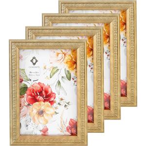 Concepts 4x6 Set Of 4 Gold Ornate Beaded Resin Picture Frames With HD Clear Glass, Extra Durable Photo Frames - Display Wallhung/Tabletop Vertically Or Horizontaly