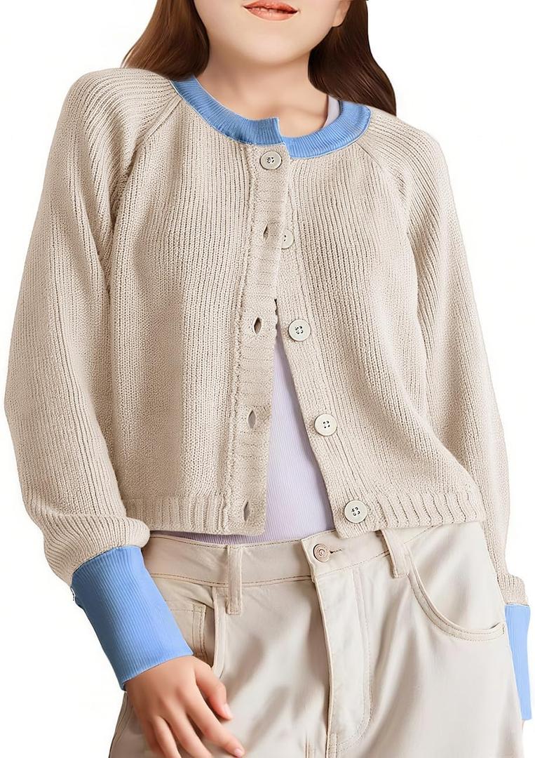 Girls Cardigan Sweater Kids Color Block School Uniforms Button Down Long Sleeve Knit Tops Tweens Winter Clothes
