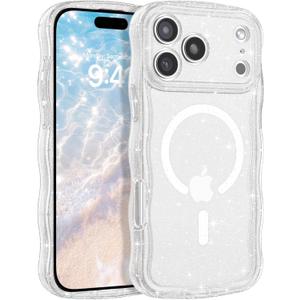 BENTOBEN Magnetic for iPhone 17 Pro Max Case,Clear Crystal Glitter [Curly Wave Edge] [Compatible with MagSafe] Slim Sparkly Shockproof Cute Women Girl Protective Case for iPhone 17 Pro Max 6.9",Clear